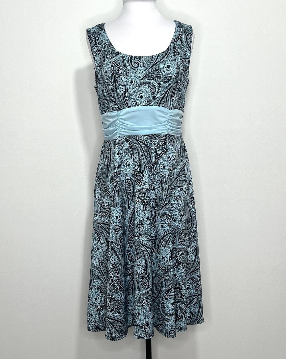 Perceptions NY Womens L Blue Paisley Dress Sleeveless Empire Waist Midi Stretch